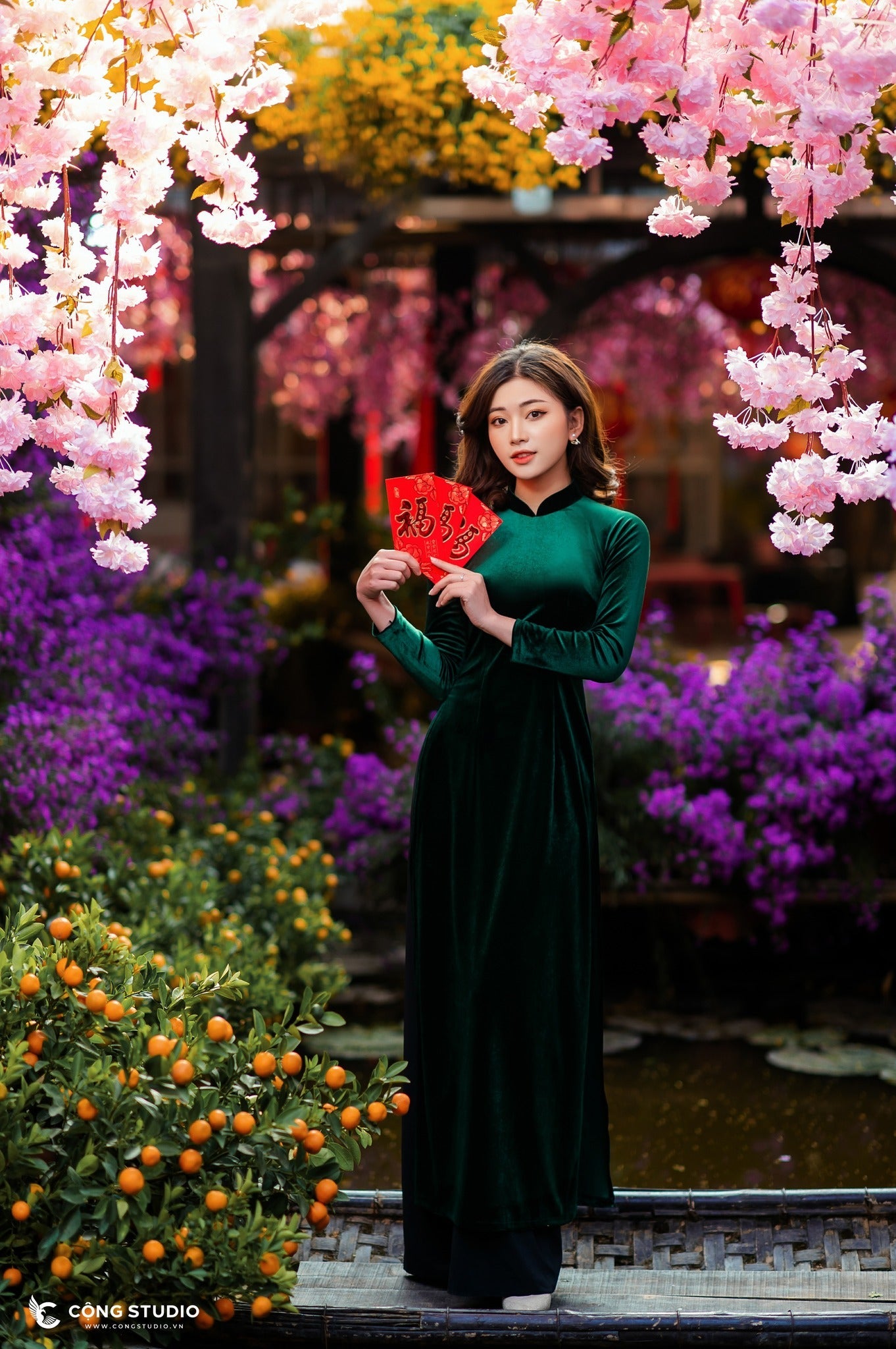 H444 1890 Áo only - Áo dài nhung trơn màu xanh lá đậm