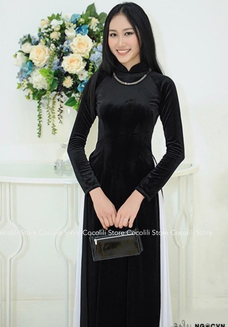 N100 6416 Áo only no pants - Áo dài nhung trơn màu đen