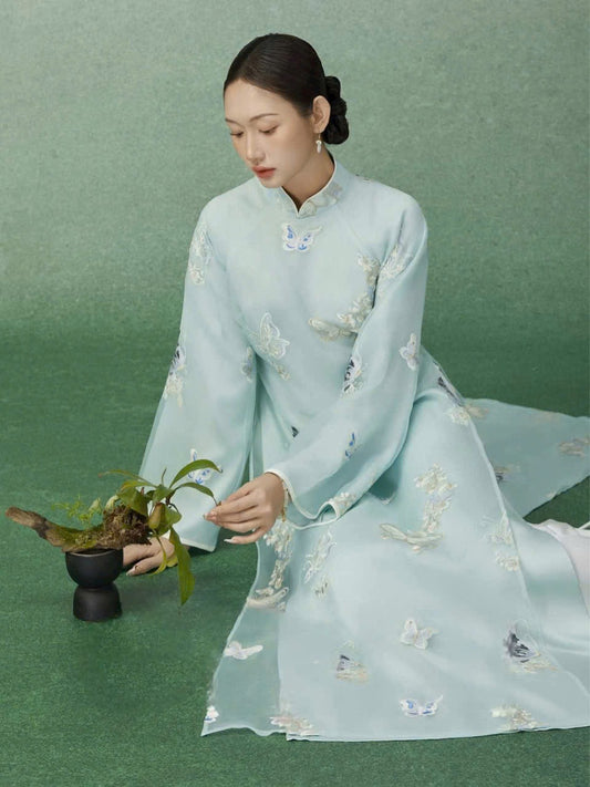 T484 Áo only - Áo dài tơ dệt nổi hoa màu xanh ngọc
