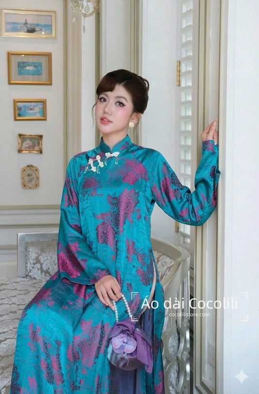 HD61 Áo only no pants - Áo dài dáng suông 2 tà lụa silk óng màu xanh ánh tím