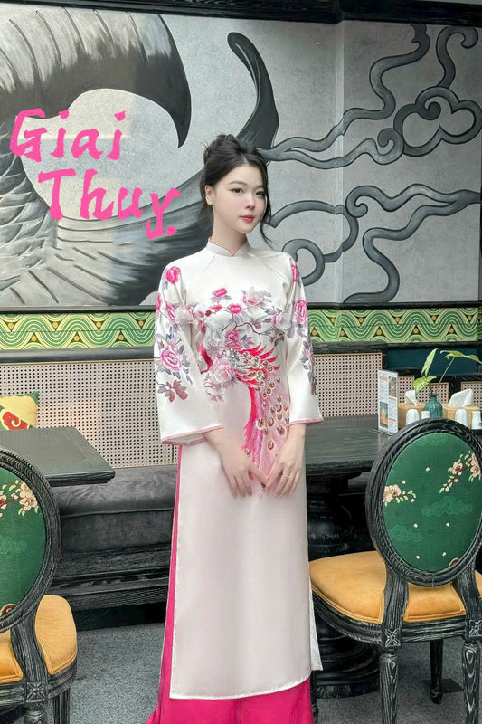 TN63 Áo only no pants - Áo dài dáng suông lụa ngọc trai 3D đính kết công