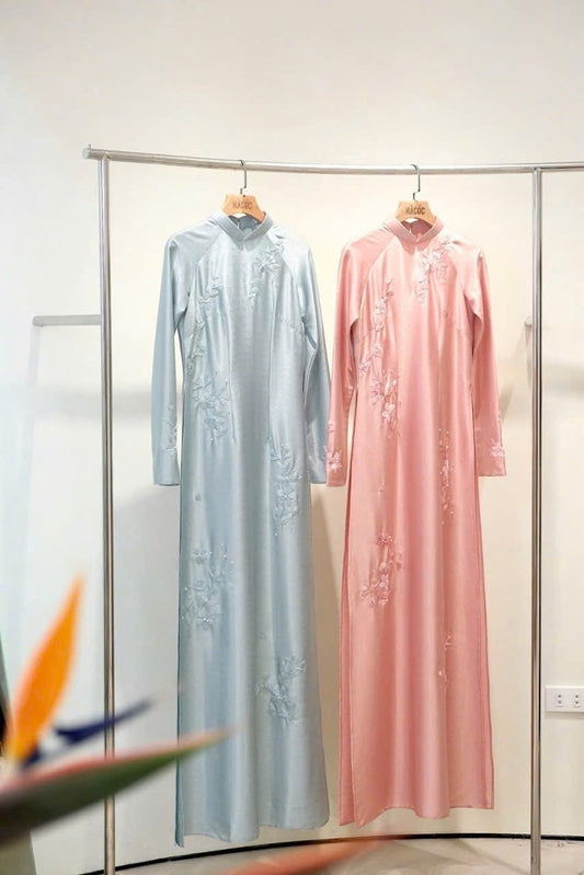 M234 Áo only - Áo dài lụa thêu kết Duyên Chi - mau xanh