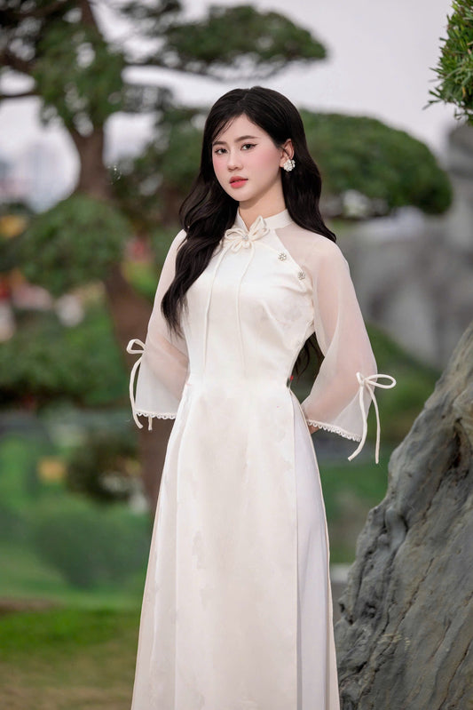 TN88 5001 Áo only no pants - Áo dài cách tân tơ màu trắng kem