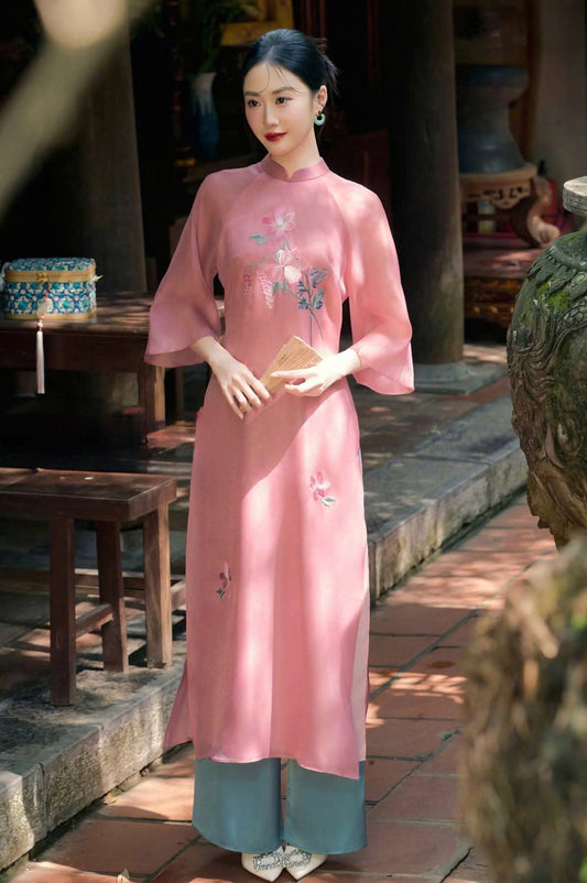 TN87 5002 Áo only no pants - Áo dài cách tân tơ thêu 4 tà