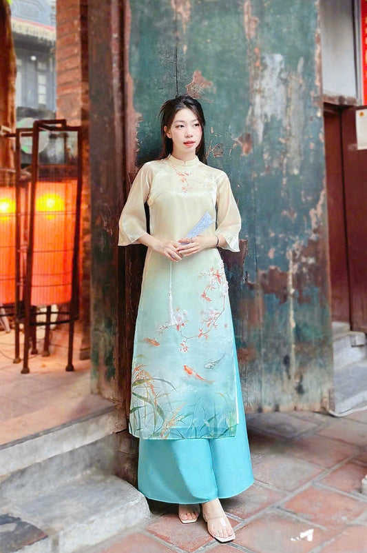 TN92 5013 Áo only no pants - Áo dài cách tân dáng suông tơ 4 tà