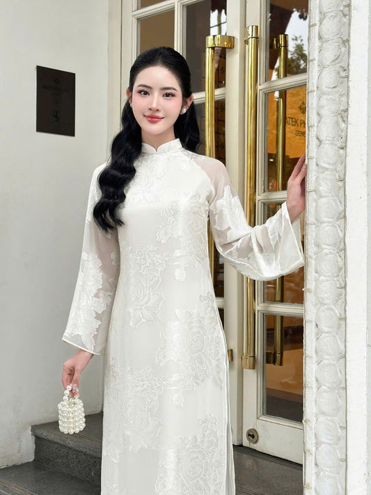 H226 5018 Áo only - Áo dài dáng suông tơ silk 4 tà màu trắng