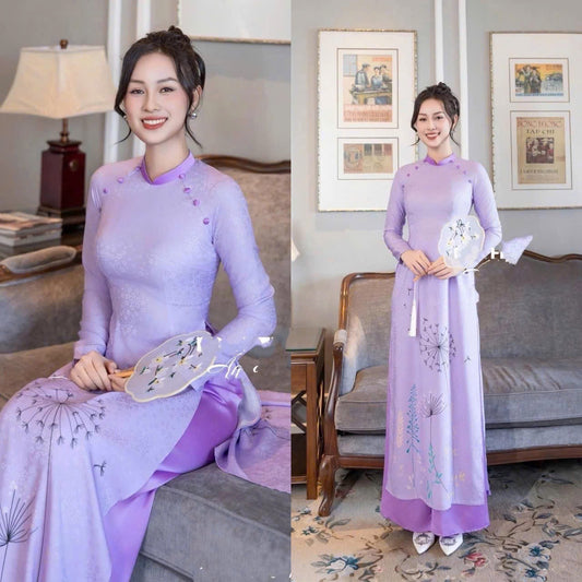 T599 Áo only - Áo dài lụa hoa mai màu tím
