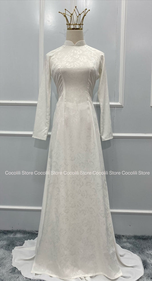 T259 Only áo - Áo dài Lụa tơ tằm kim cương trắng