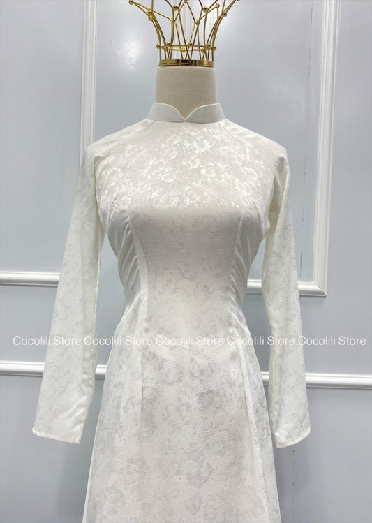 T259 Only áo - Áo dài Lụa tơ tằm kim cương trắng