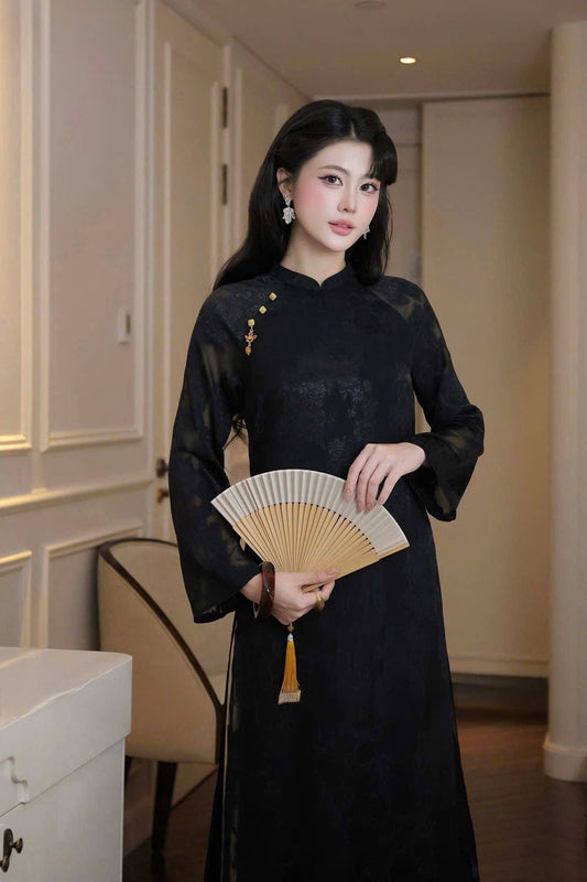 H976 5019 Áo only - Áo dài dáng suông tơ silk 4 tà màu đen