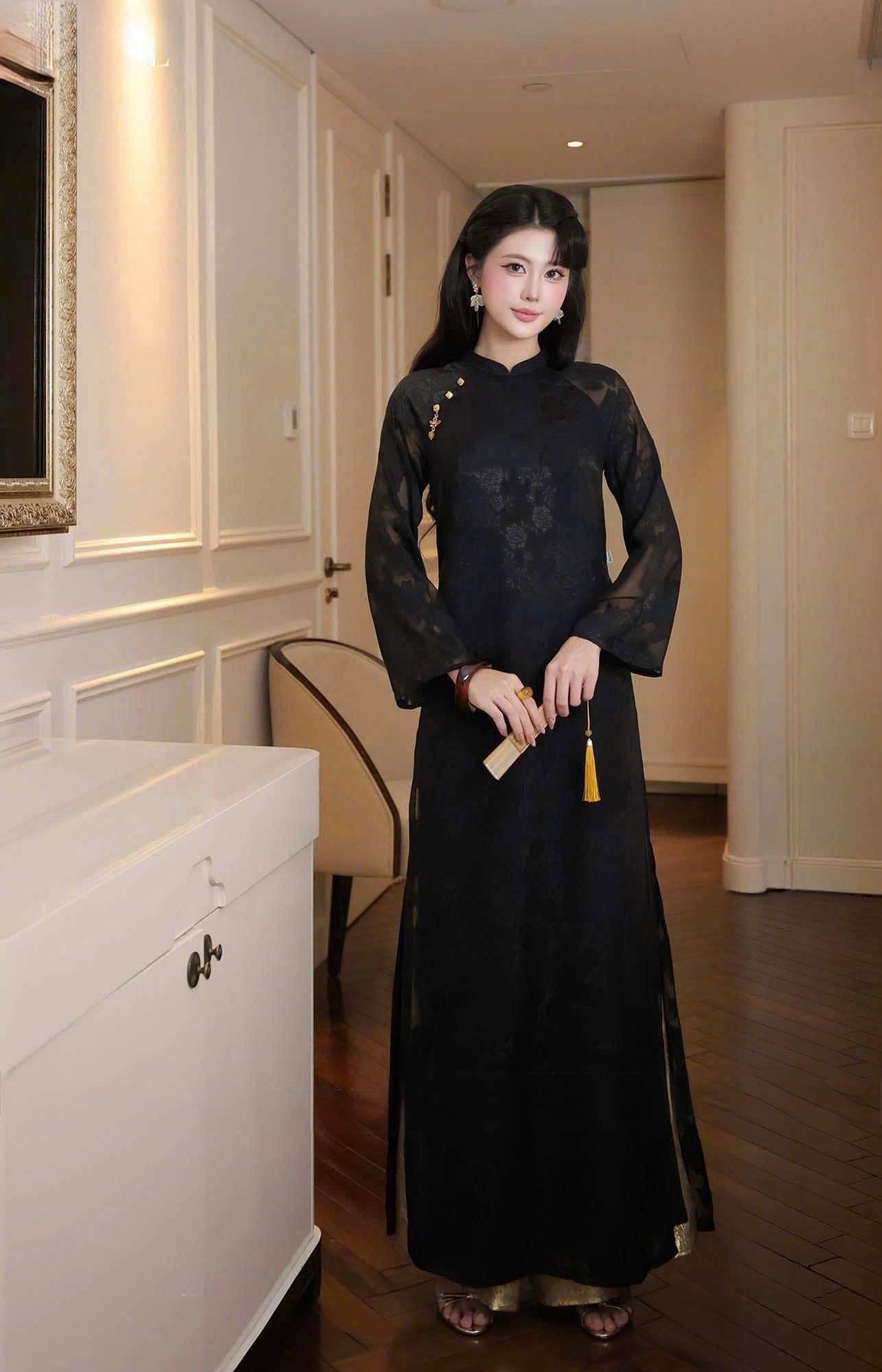 H976 5019 Áo only - Áo dài dáng suông tơ silk 4 tà màu đen