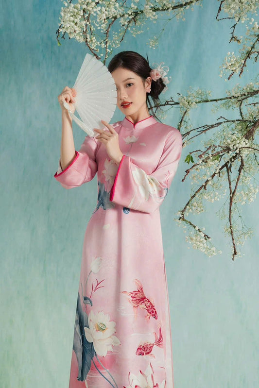 M181 Áo hồng phấn + quần hồng sen - Áo dài cách tân hà cúc
