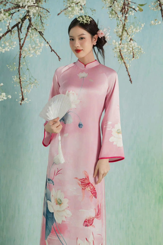 M181 Áo hồng phấn + quần hồng sen - Áo dài cách tân hà cúc