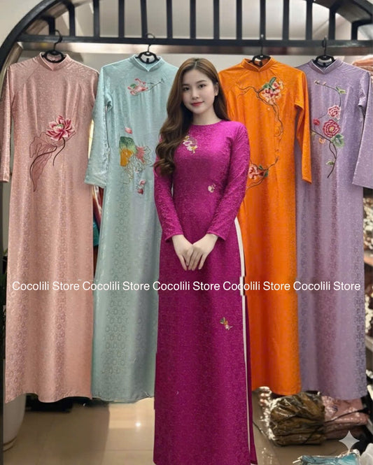 T600 1314 Áo only - Áo dài lụa hoa trà màu hồng sen