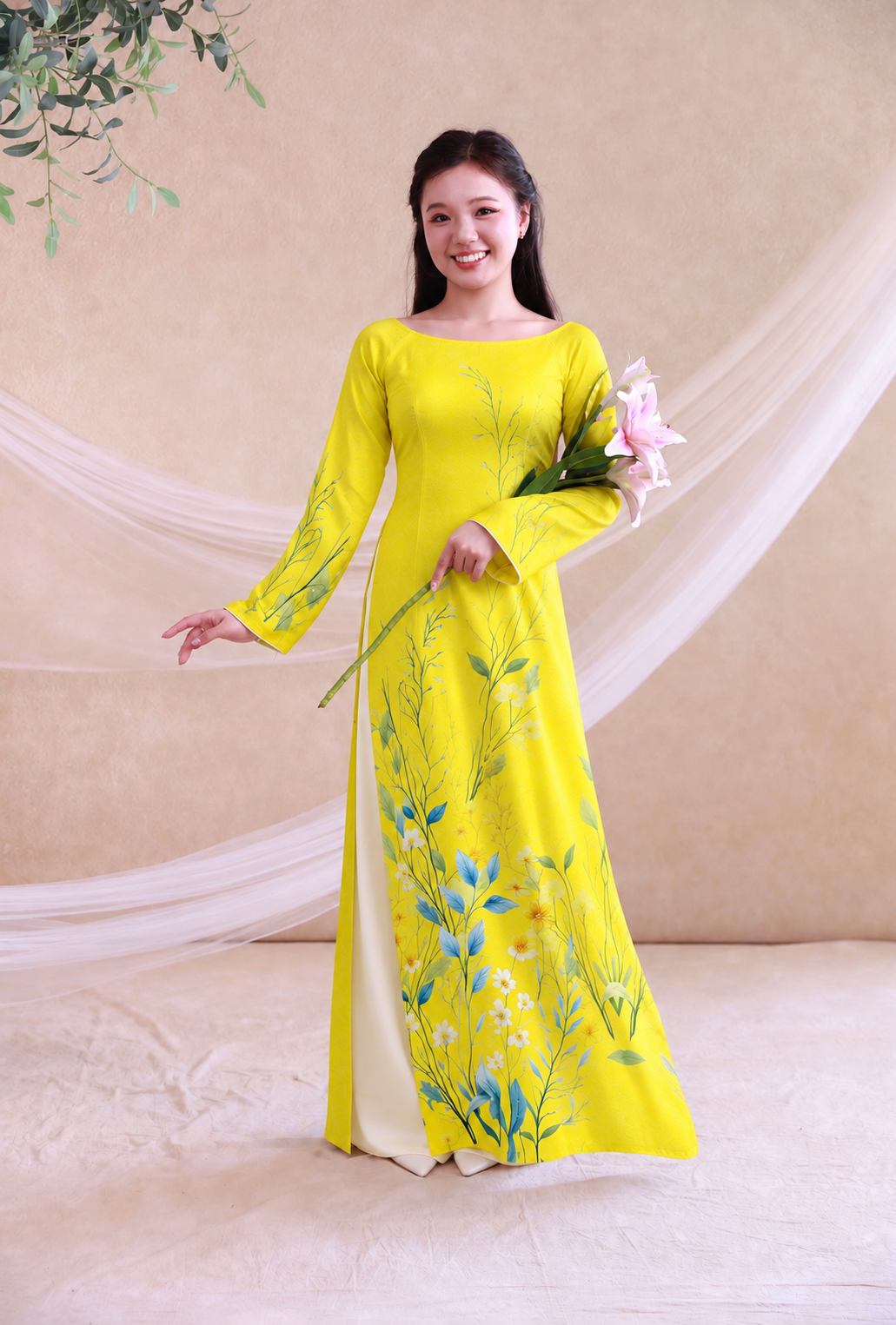 L53 6231 Áo only no pants - Áo dài chiết eo màu vàng chanh