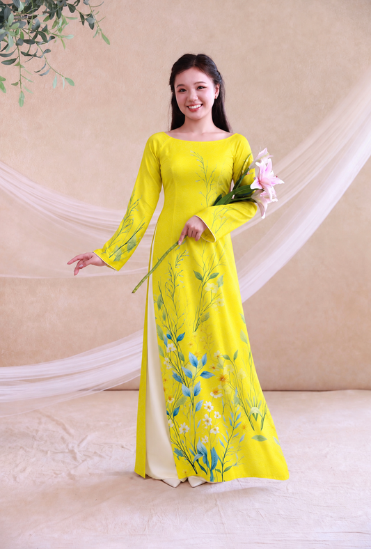 L53 6231 Áo only no pants - Áo dài chiết eo màu vàng chanh