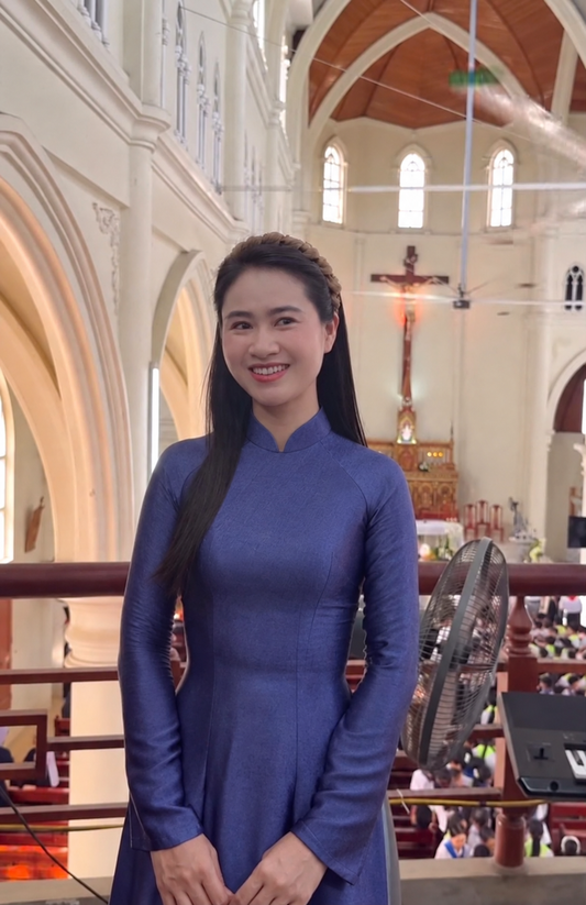 L51 6233 Áo only no pants - Áo dài chiết eo lụa titan màu xanh tím than