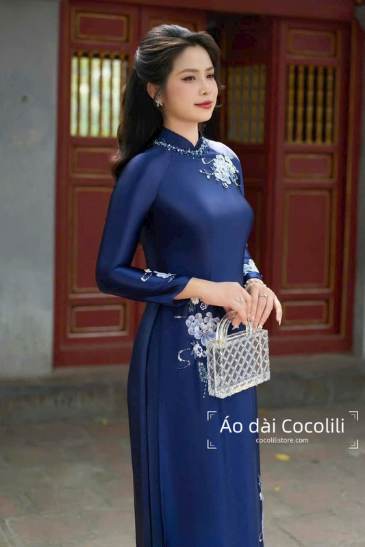 S265 Áo only no pants - Áo dài lụa ruby màu xanh than thêu đính kết