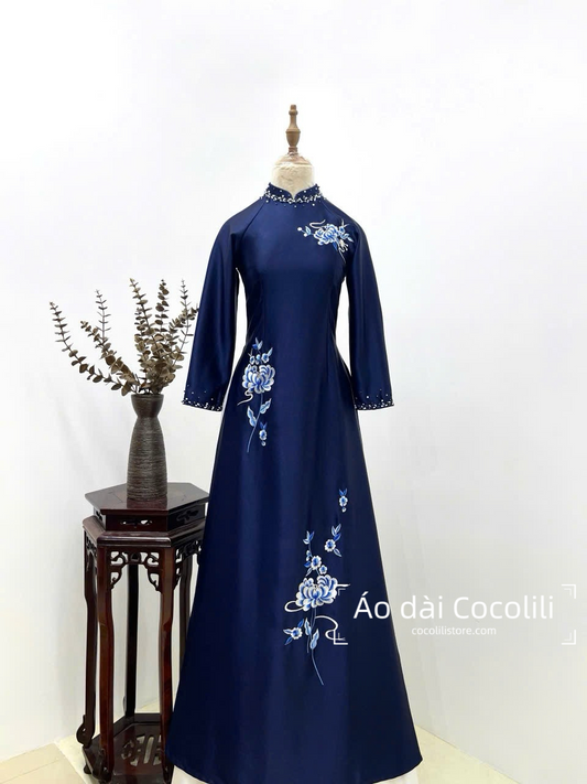 S265 3271 Áo only no pants - Áo dài lụa ruby màu xanh than thêu đính kết