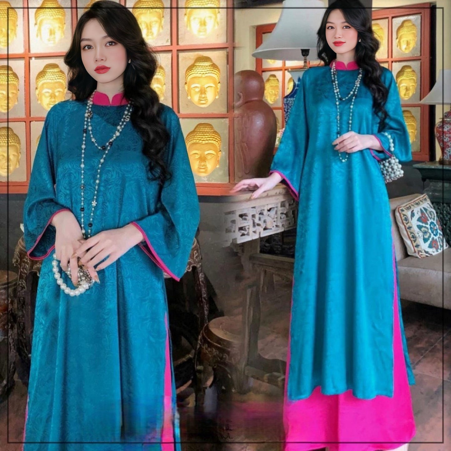 H179 1245 1297 Áo only - Áo dài gấm màu xanh cổ vịt