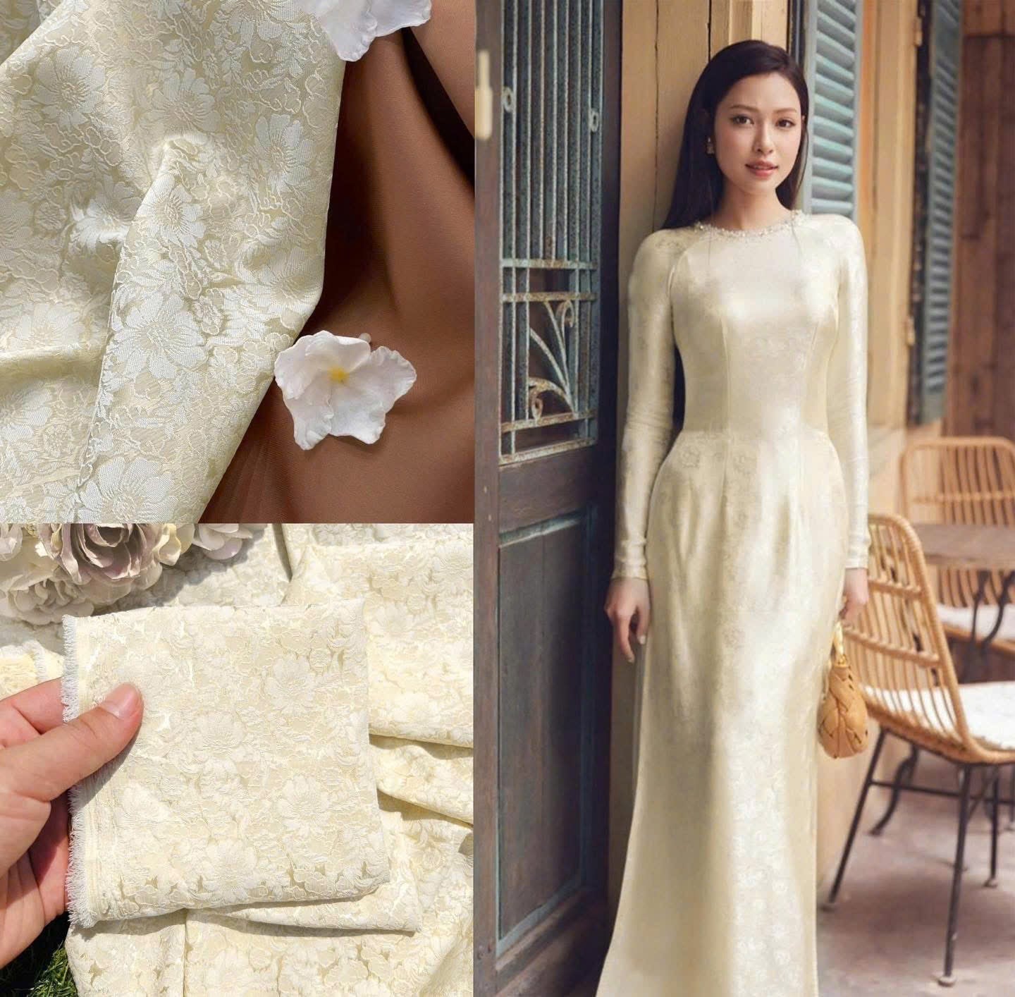 H161 Áo only - Áo dài lụa hoa trà màu be cổ đính