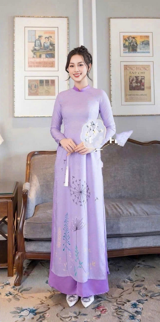 H183 1301 Áo only - Áo dài lụa hoa mai in 3D màu tím cà