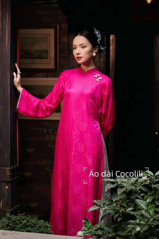 HD79 Áo only no pants - Áo dài dáng suông 2 tà lụa nha xá lót tơ dính liền tà màu hồng sen