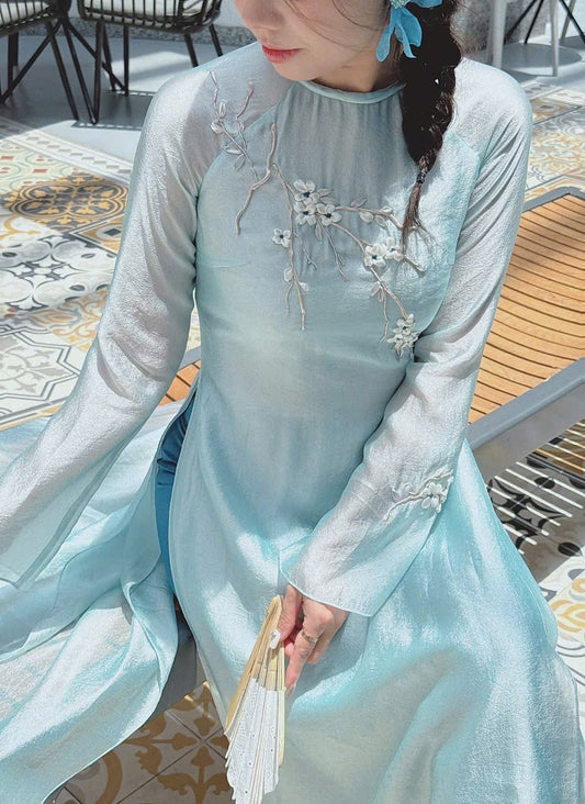 PreOrder 10days TA2408 Áo only-Áo dài tơ màu xanh thêu