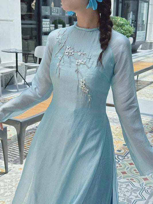 TA248 Áo only-Áo dài tơ màu xanh thêu