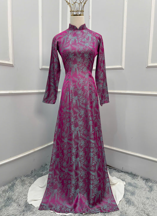 T502 - Áo dài Lụa Long phụng hồng cổ trụ