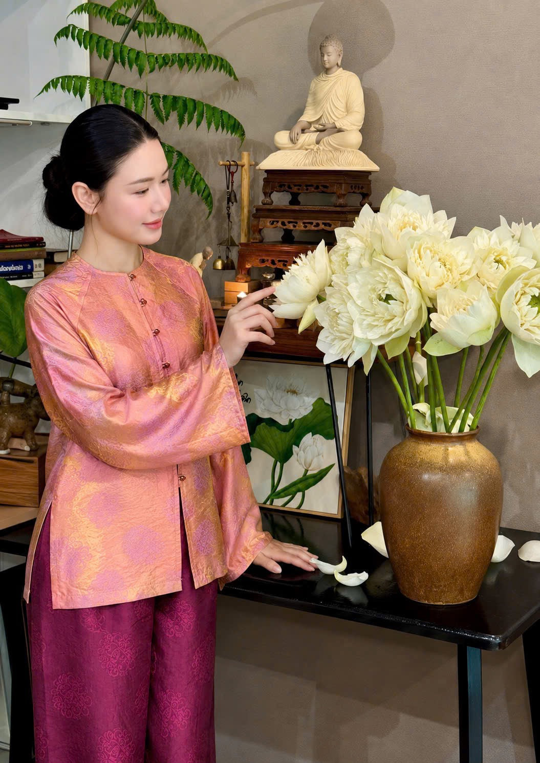 BB300 - Set bà ba lụa tằm ánh kim tencel màu hồng