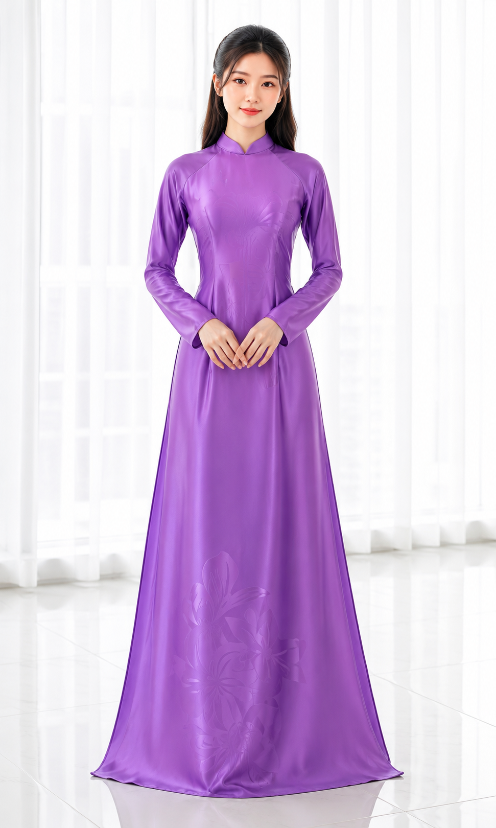 H864 4493 Áo only no pants - Áo dài dáng truyền thống chiết li eo lụa ánh sao 4D màu tím