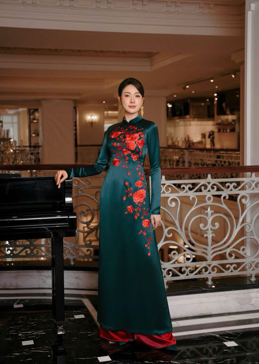 T507 - Áo dài Lụa ruby xanh rêu thêu cao cấp