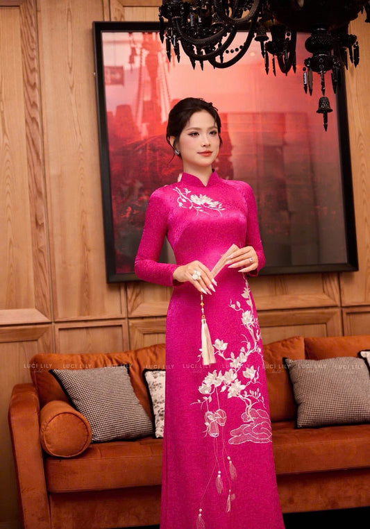 T509 -Áo dài Lụa ruby hồng sen thêu cao cấp