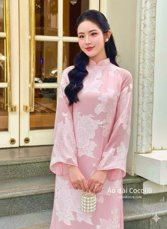 H566 Áo only no pants - Áo dài 4 tà tơ silk màu hồng phấn