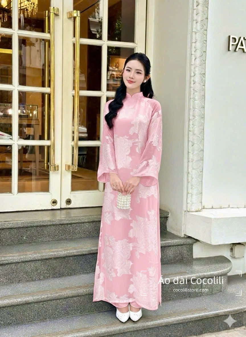 H566 Áo only no pants - Áo dài 4 tà tơ silk màu hồng phấn