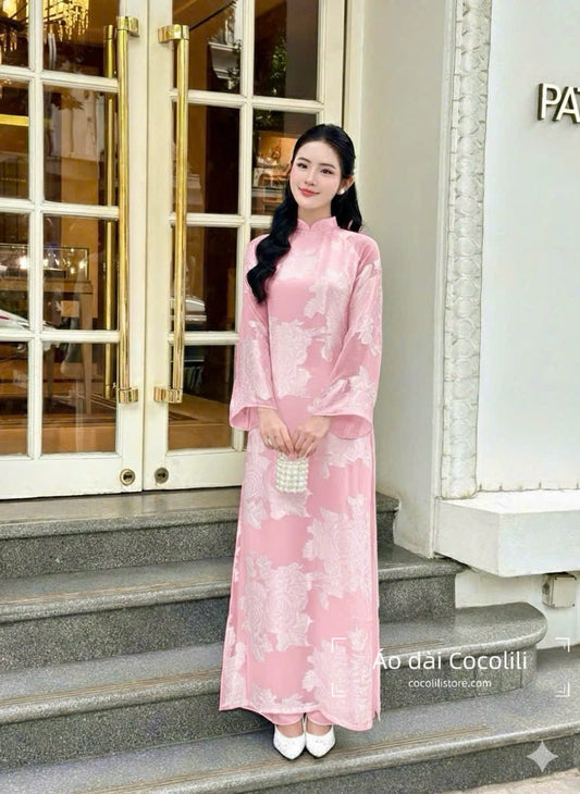 H566 Áo only no pants - Áo dài 4 tà tơ silk màu hồng phấn