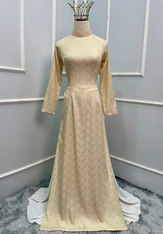 T114 -Áo dài Lụa hoa trà màu be