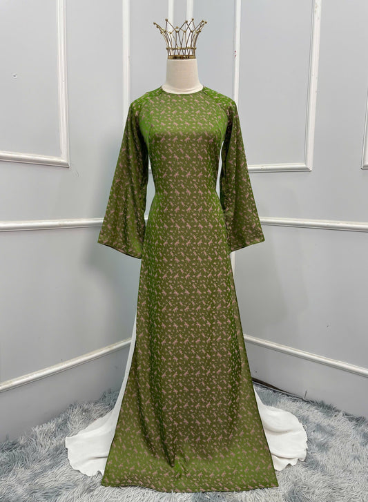 H121- Áo dài Lụa chuồn chuồn màu xanh lá -Dáng suông