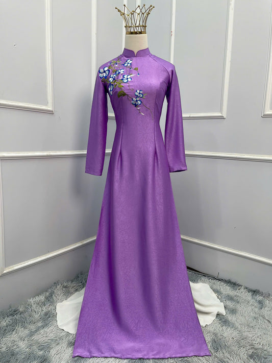 H124 -Áo dài Lụa hà lan thêu hoa màu tím cà +quần cùng chất