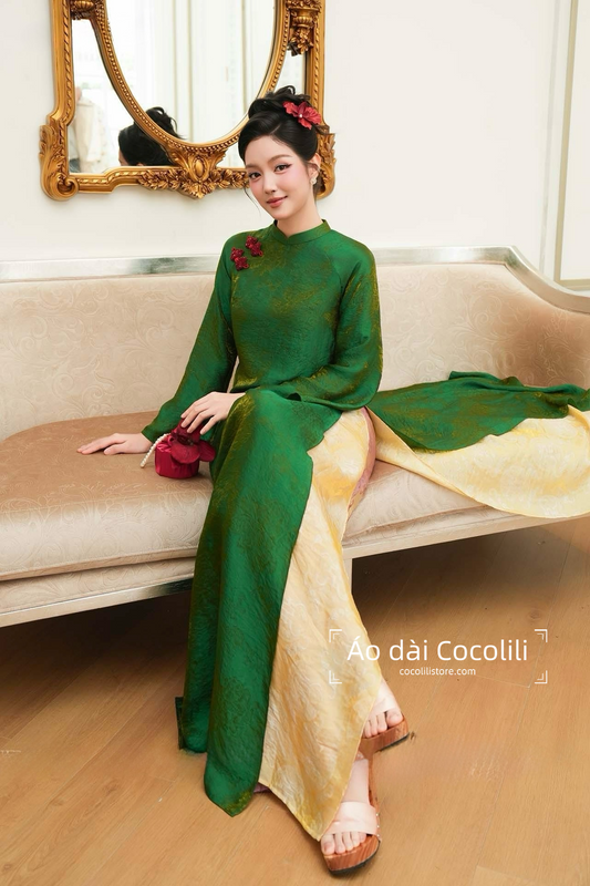 H629 Áo only no pants - Áo dài dáng suông 4 tà tằm tencel ánh kim màu xanh lá