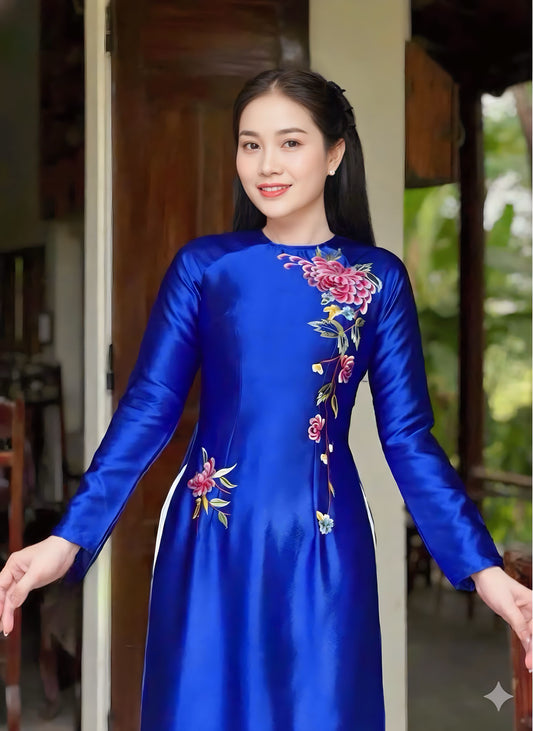 T611 Áo only - Áo dài lụa valentino xanh coban thêu