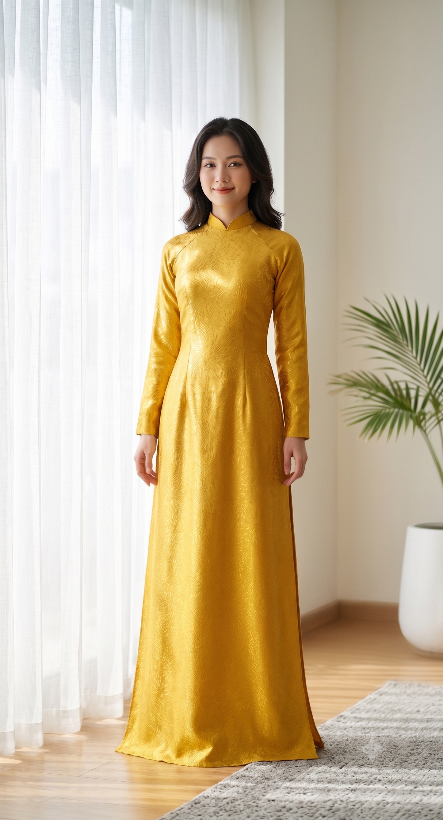 H878 4541 Áo only no pants - Áo dài lụa màu vàng gold