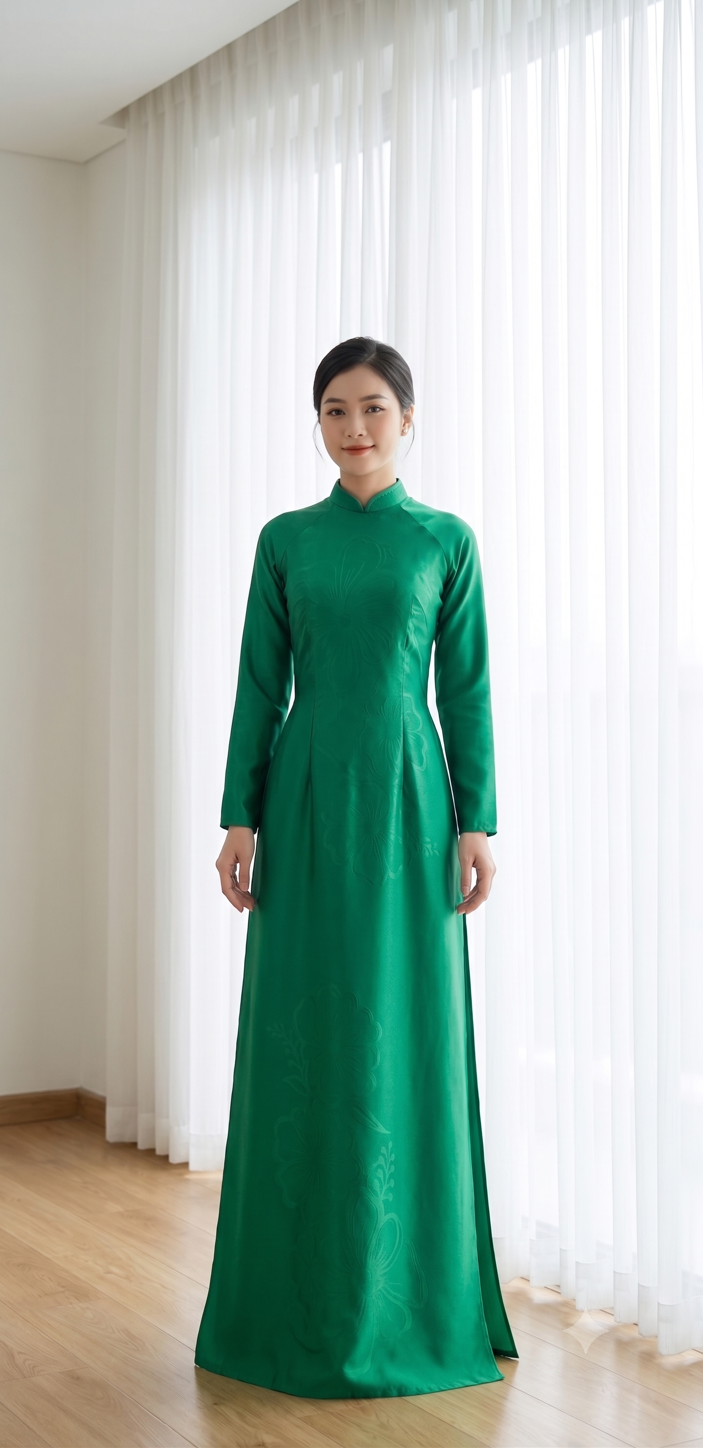 H877 4544 Áo only no pants - Áo dài lụa ánh sao 4D màu xanh lá