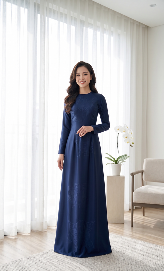 H869 4549 Áo only no pants - Áo dài lụa ánh sao 4D màu xanh than