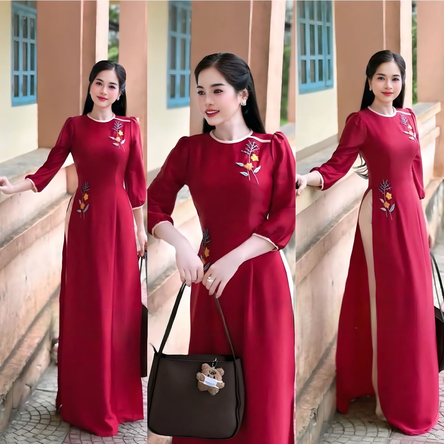 H255 1401 Áo + quần - Áo dài lụa thêu tay màu đỏ + quần kem