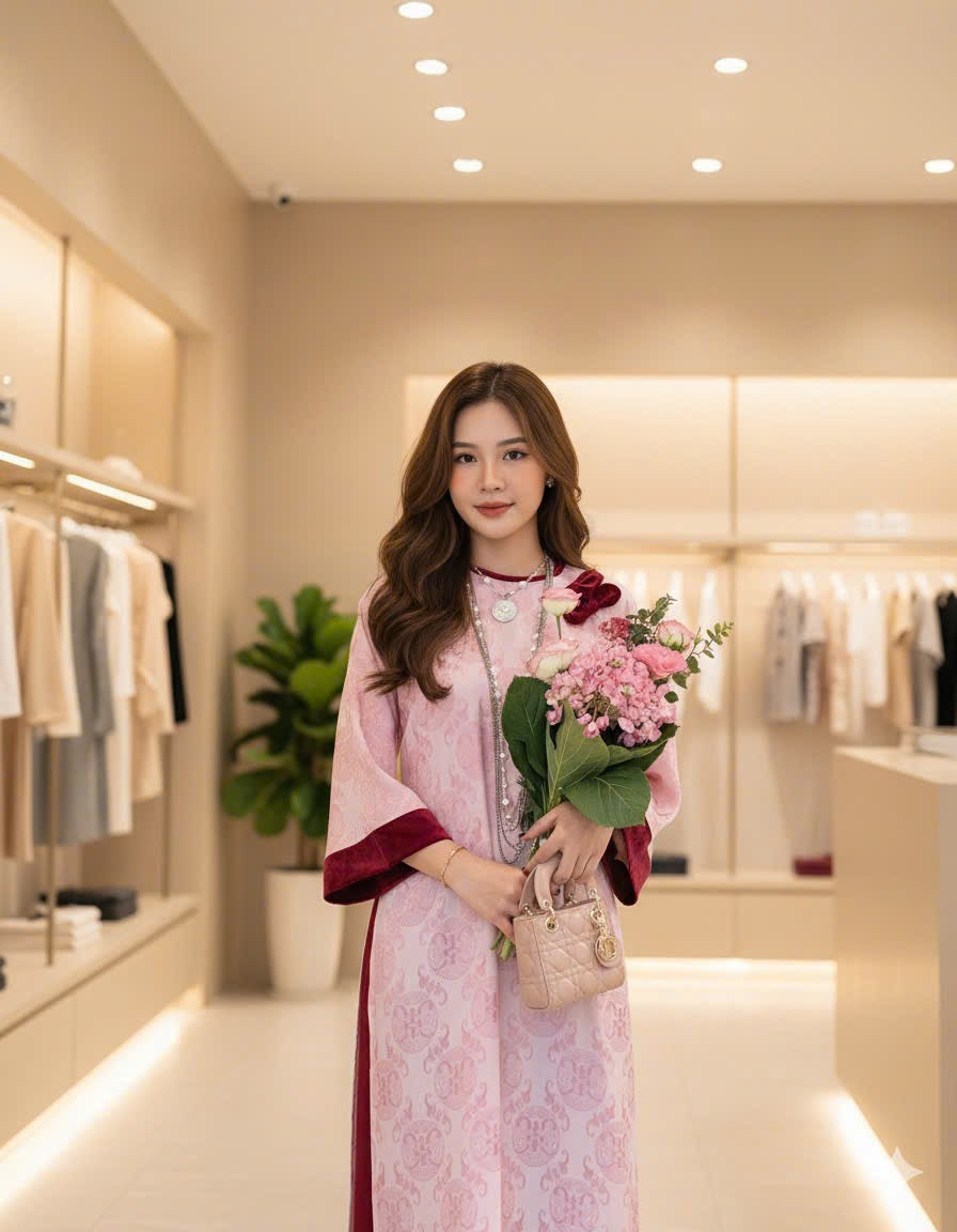 H204 1341 Áo + quần - Áo dài thọ dơi màu hồng nhạt đính nơ