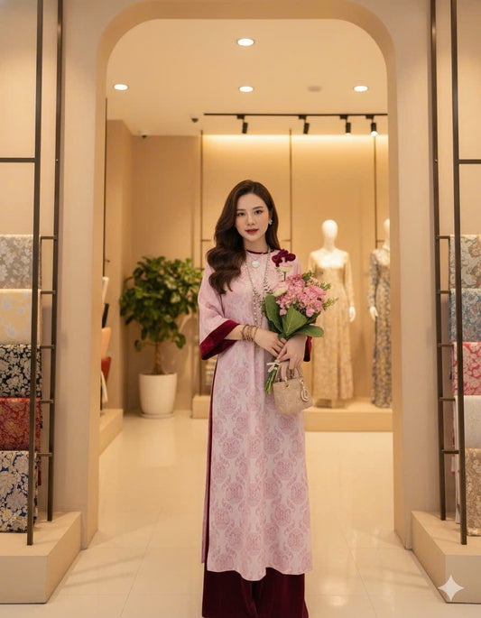 H204 1341 Áo + quần - Áo dài thọ dơi màu hồng nhạt đính nơ