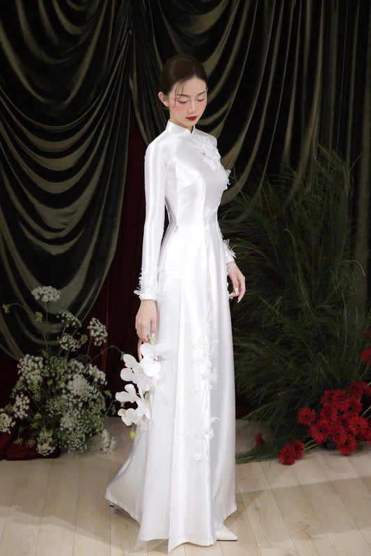 S202 Áo dài Lụa satin trắng đính kết cao cấp