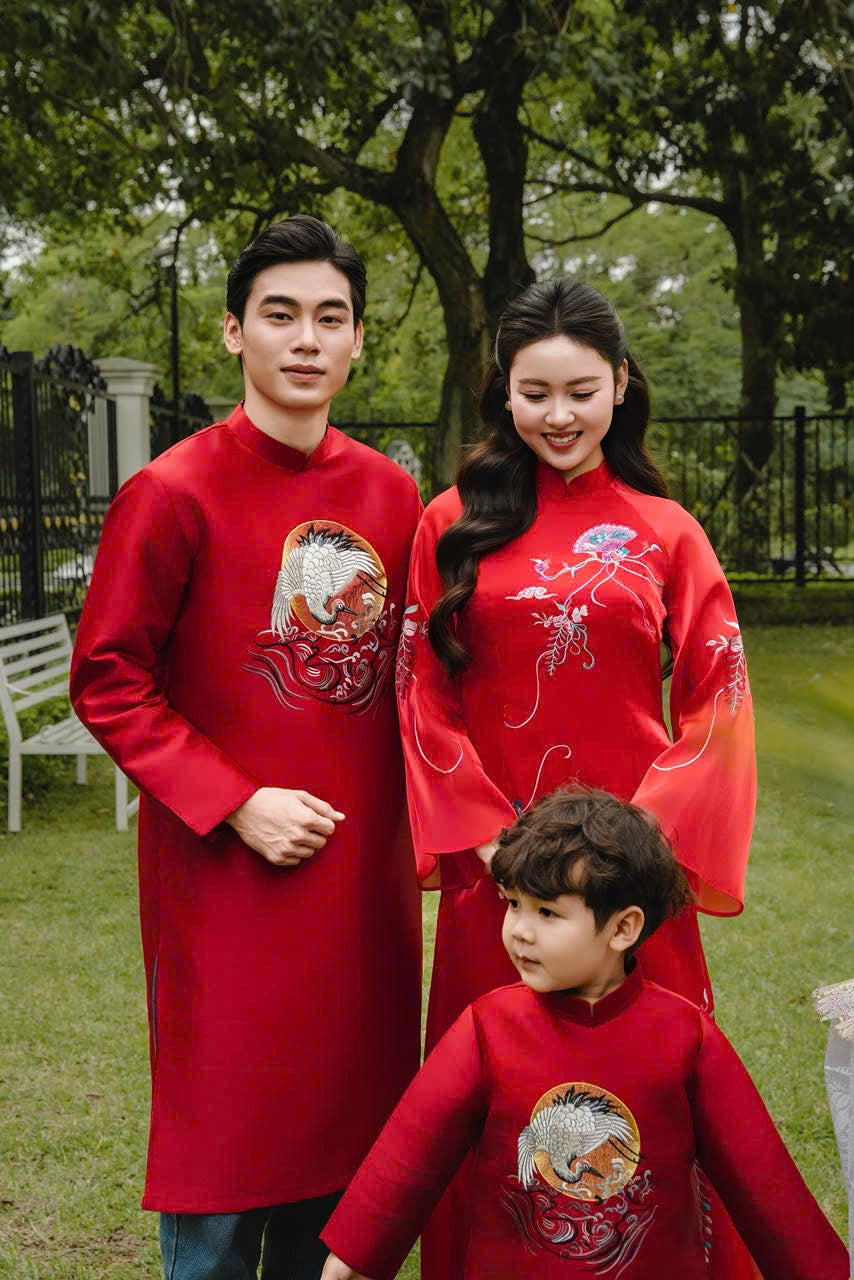 B121 2089 Áo only - Áo dài bố thêu sếu đầu đỏ màu đỏ